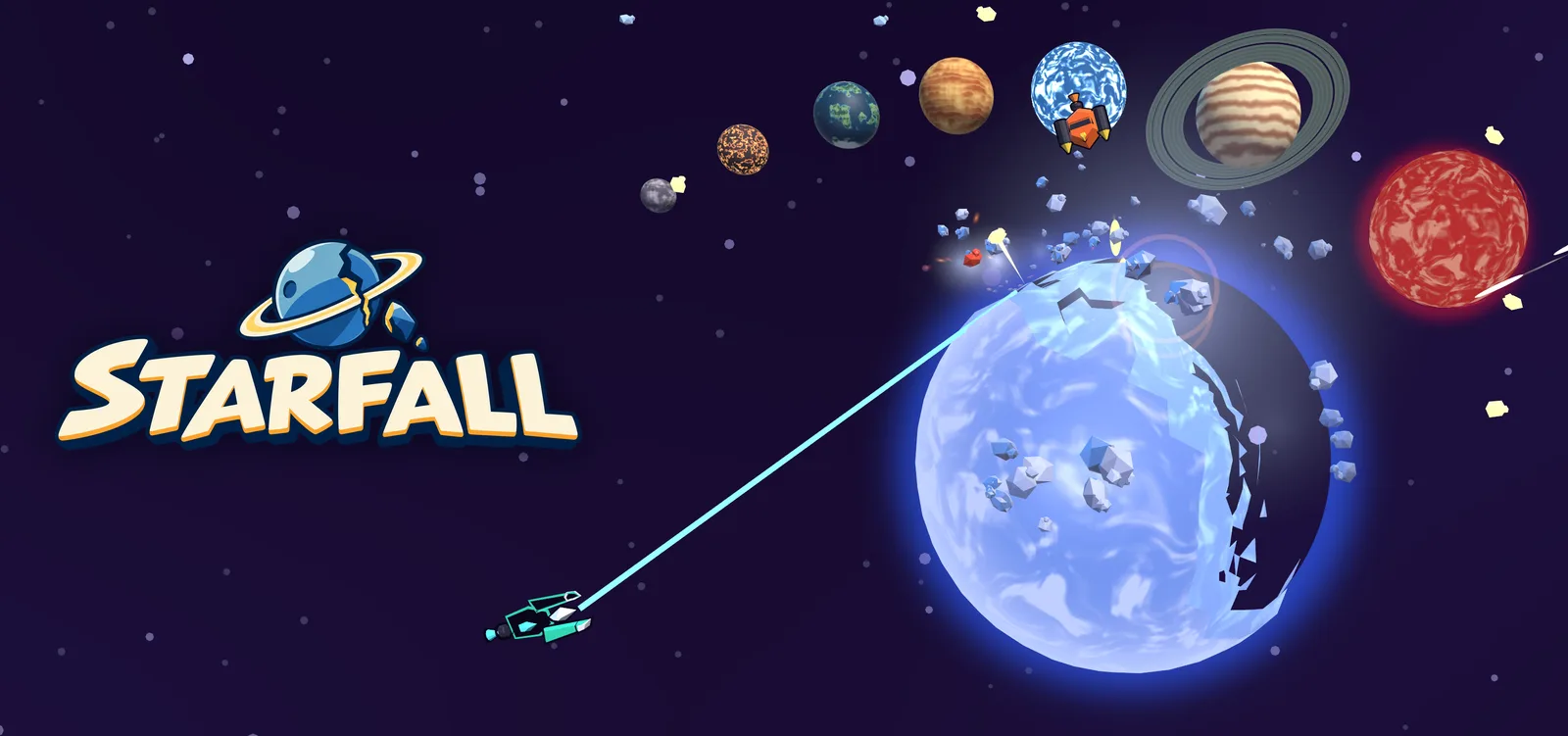 Le logo Starfall devant les huit astres du jeu, dont Pulsar touché par le laser d’un vaisseau.
